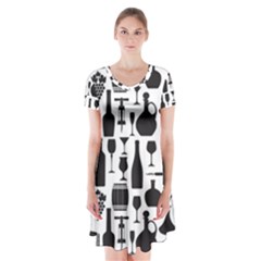 Wine Pattern Black White Short Sleeve V-neck Flare Dress by Vaneshart