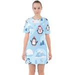 Christmas Seamless Pattern With Penguin Sixties Short Sleeve Mini Dress