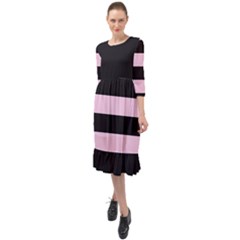 Black And Light Pastel Pink Large Stripes Goth Mime French Style Ruffle End Midi Chiffon Dress by genx
