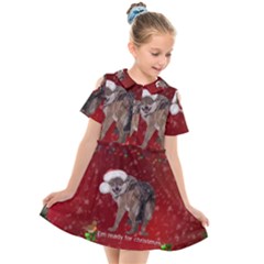 I m Ready For Christmas, Funny Wolf Kids  Short Sleeve Shirt Dress by FantasyWorld7