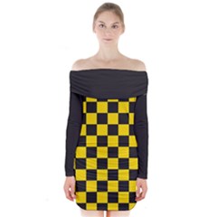 Checkerboard Pattern Black And Yellow Ancap Libertarian Long Sleeve Off Shoulder Dress by snek