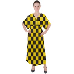 Checkerboard Pattern Black And Yellow Ancap Libertarian V-neck Boho Style Maxi Dress by snek