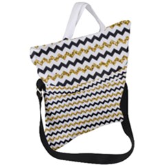 Black And Gold Glitters Zigzag Retro Pattern Golden Metallic Texture Fold Over Handle Tote Bag by genx
