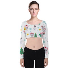 Christmas Seamless Pattern With Cute Kawaii Mouse Velvet Long Sleeve Crop Top by Vaneshart