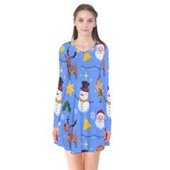 Funny Christmas Pattern With Snowman Reindeer Long Sleeve V-neck Flare Dress by Vaneshart