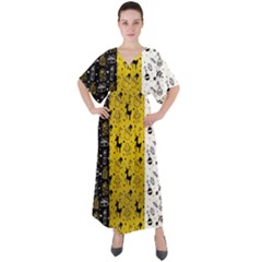 Black Golden Christmas Pattern Collection V-neck Boho Style Maxi Dress by Vaneshart