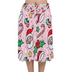 Colorful Funny Christmas Pattern Santa Claus Velvet Flared Midi Skirt by Vaneshart