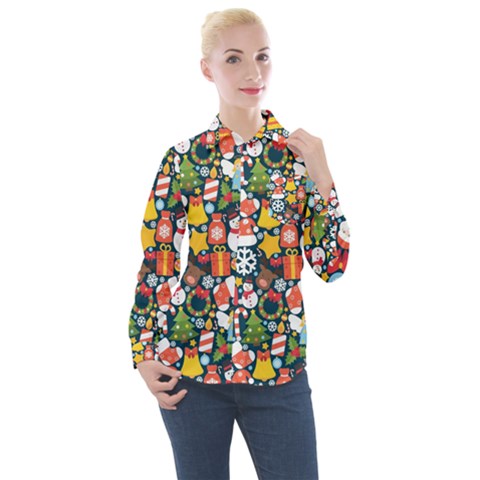 Colorful Pattern With Decorative Christmas Elements Women s Long Sleeve Pocket Shirt by Vaneshart