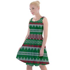 Knitted Christmas Pattern Green Red Knee Length Skater Dress by Vaneshart