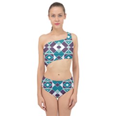 Teal And Plum Geometric Pattern Spliced Up Two Piece Swimsuit