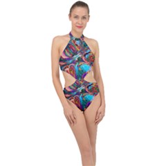 Seamless Abstract Colorful Tile Halter Side Cut Swimsuit