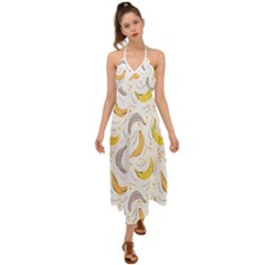 Seamless Stylish Pattern With Fresh Yellow Bananas Background Halter Tie Back Dress  by Wegoenart