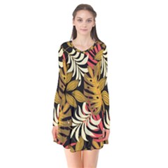 Original Seamless Tropical Pattern With Bright Reds Yellows Long Sleeve V-neck Flare Dress by Wegoenart