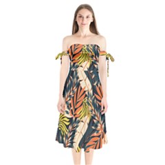 Original Seamless Tropical Pattern With Bright Orange Flowers Shoulder Tie Bardot Midi Dress by Wegoenart