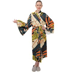 Original Seamless Tropical Pattern With Bright Orange Flowers Maxi Velour Kimono by Wegoenart