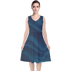 Abstract Glowing Blue Wave Lines Pattern With Particles Elements Dark Background V-neck Midi Sleeveless Dress  by Wegoenart