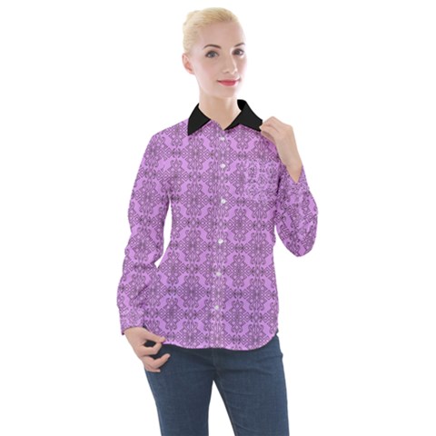 Timeless - Black & Lavender Purple Women s Long Sleeve Pocket Shirt by FashionBoulevard