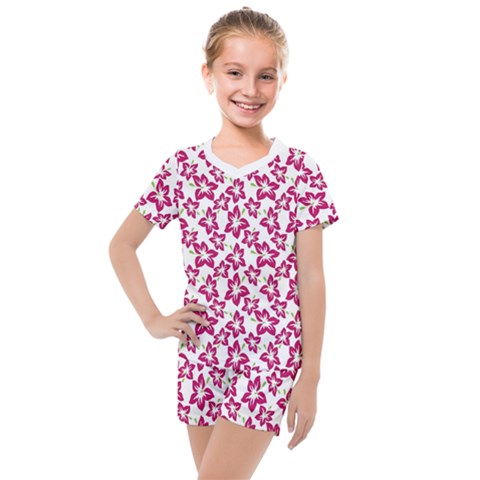 Cute Flowers - Peacock Pink White Kids  Mesh Tee And Shorts Set by FashionBoulevard