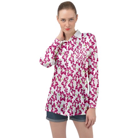 Cute Flowers - Peacock Pink White Long Sleeve Satin Shirt by FashionBoulevard