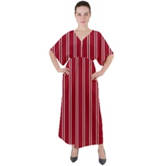 Nice Stripes - Carmine Red V-neck Boho Style Maxi Dress by FashionBoulevard