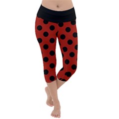 Polka Dots - Black On Apple Red Lightweight Velour Capri Yoga Leggings by FashionBoulevard