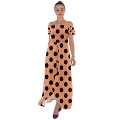 Polka Dots - Black On Cantaloupe Orange Off Shoulder Open Front Chiffon Dress by FashionBoulevard
