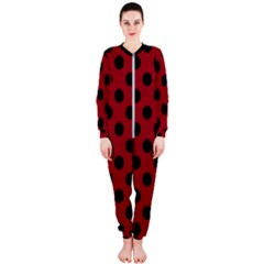 Polka Dots Black On Carmine Red Onepiece Jumpsuit (ladies)  by FashionBoulevard