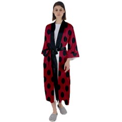 Polka Dots Black On Carmine Red Maxi Satin Kimono by FashionBoulevard