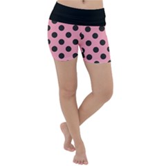 Polka Dots Black On Flamingo Pink Lightweight Velour Yoga Shorts by FashionBoulevard