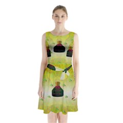Birds And Sunshine With A Big Bottle Peace And Love Sleeveless Waist Tie Chiffon Dress by pepitasart