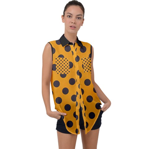 Polka Dots Black On Honey Orange Sleeveless Chiffon Button Shirt by FashionBoulevard