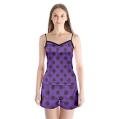Polka Dots Black On Imperial Purple Satin Pajamas Set by FashionBoulevard
