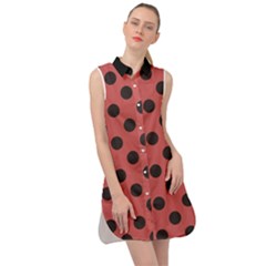 Polka Dots Black On Indian Red Sleeveless Shirt Dress by FashionBoulevard