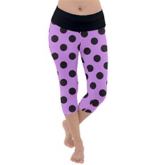 Polka Dots Black On Lavender Purple Lightweight Velour Capri Yoga Leggings by FashionBoulevard