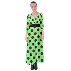 Polka Dots Black On Mint Green Button Up Maxi Dress