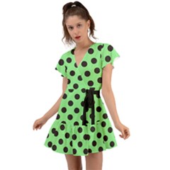 Polka Dots Black On Mint Green Flutter Sleeve Wrap Dress
