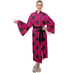 Polka Dots Black On Peacock Pink Maxi Velour Kimono by FashionBoulevard