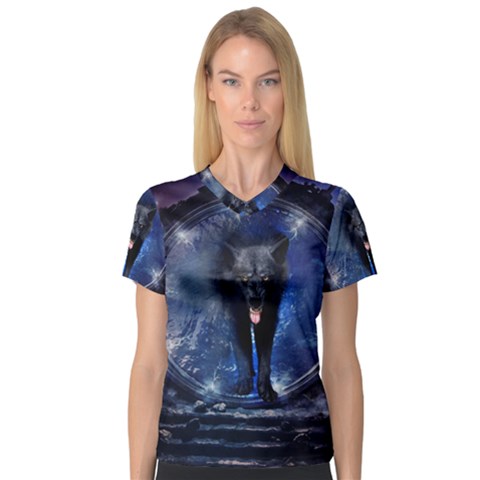 Awesome Wolf In The Gate V-neck Sport Mesh Tee by FantasyWorld7