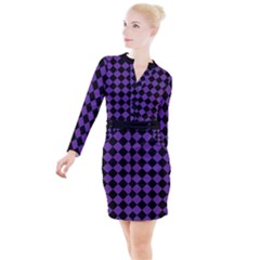 Block Fiesta Black And Imperial Purple Button Long Sleeve Dress by FashionBoulevard