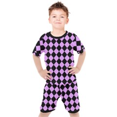 Block Fiesta Black And Lavender Purple Kids  Tee And Shorts Set by FashionBoulevard
