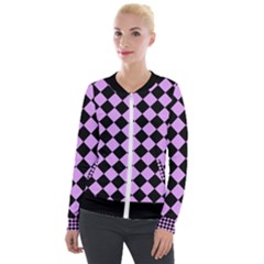Block Fiesta Black And Lavender Purple Velour Zip Up Jacket by FashionBoulevard