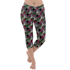 Doily Rose Pattern Black Lightweight Velour Capri Yoga Leggings by snowwhitegirl