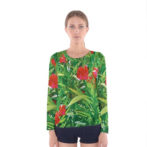 Red Flowers And Green Plants At Outdoor Garden Women s Long Sleeve Tee by dflcprintsclothing