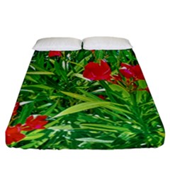 Red Flowers And Green Plants At Outdoor Garden Fitted Sheet (california King Size) by dflcprintsclothing