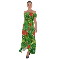 Red Flowers And Green Plants At Outdoor Garden Off Shoulder Open Front Chiffon Dress by dflcprintsclothing