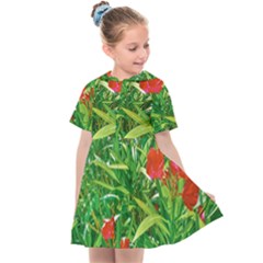 Red Flowers And Green Plants At Outdoor Garden Kids  Sailor Dress by dflcprintsclothing