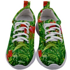 Red Flowers And Green Plants At Outdoor Garden Kids Athletic Shoes by dflcprintsclothing