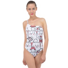 Cute Cat Chef Cooking Seamless Pattern Cartoon Classic One Shoulder Swimsuit by Vaneshart