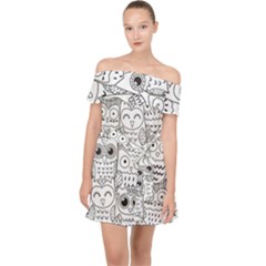 Circle Shape Pattern With Cute Owls Coloring Book Off Shoulder Chiffon Dress by Nexatart