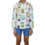 Seamless Pattern With Funny Monsters Cartoon Hand Drawn Characters Colorful Unusual Creatures Kids  Long Sleeve Swimwear
